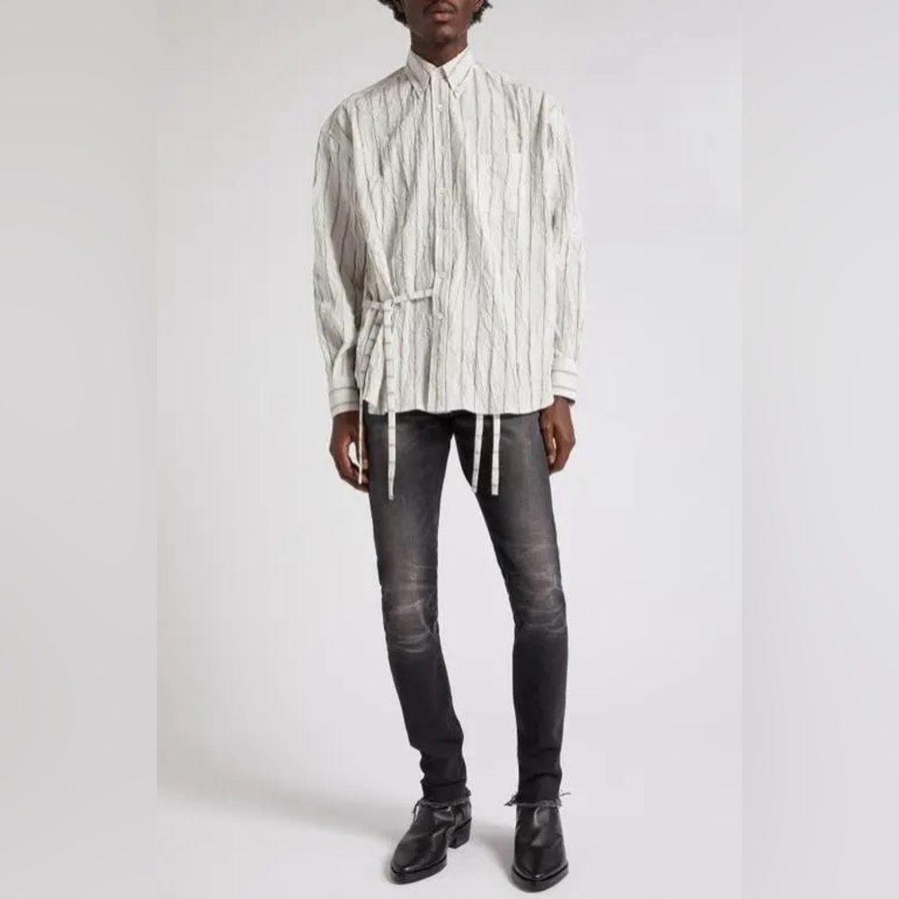 nwt JOHN ELLIOTT Unisex Crinkled Kimono Shirt in Manhasset Stripe Size Large